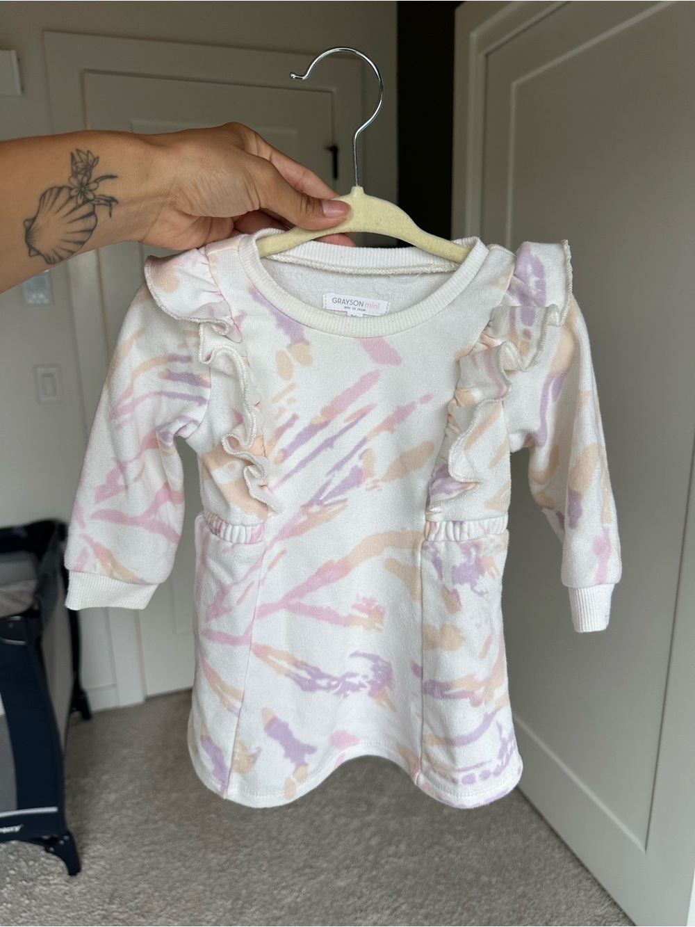 Grayson Mini Long Sleeve Ruffle Dress - White/Pastel, 3-6mo